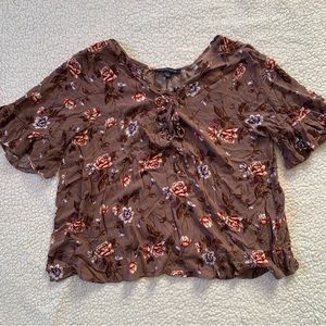American Eagle Outfitters Mauve-Brown Floral Lace-Up Blouse